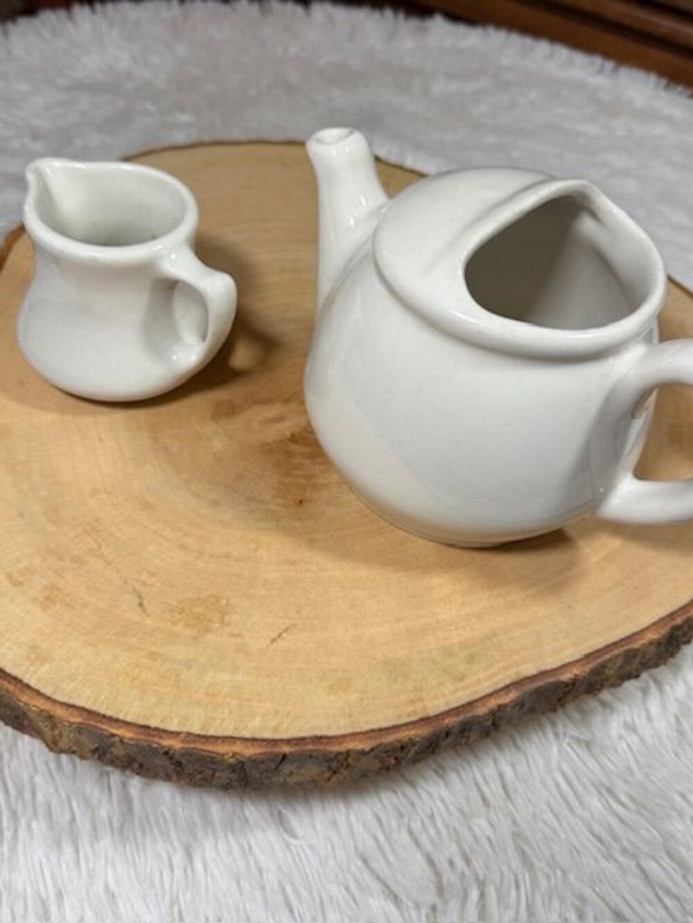 Vintage Petite Teapot and Creamer Glazed Ivory Ceramic Set